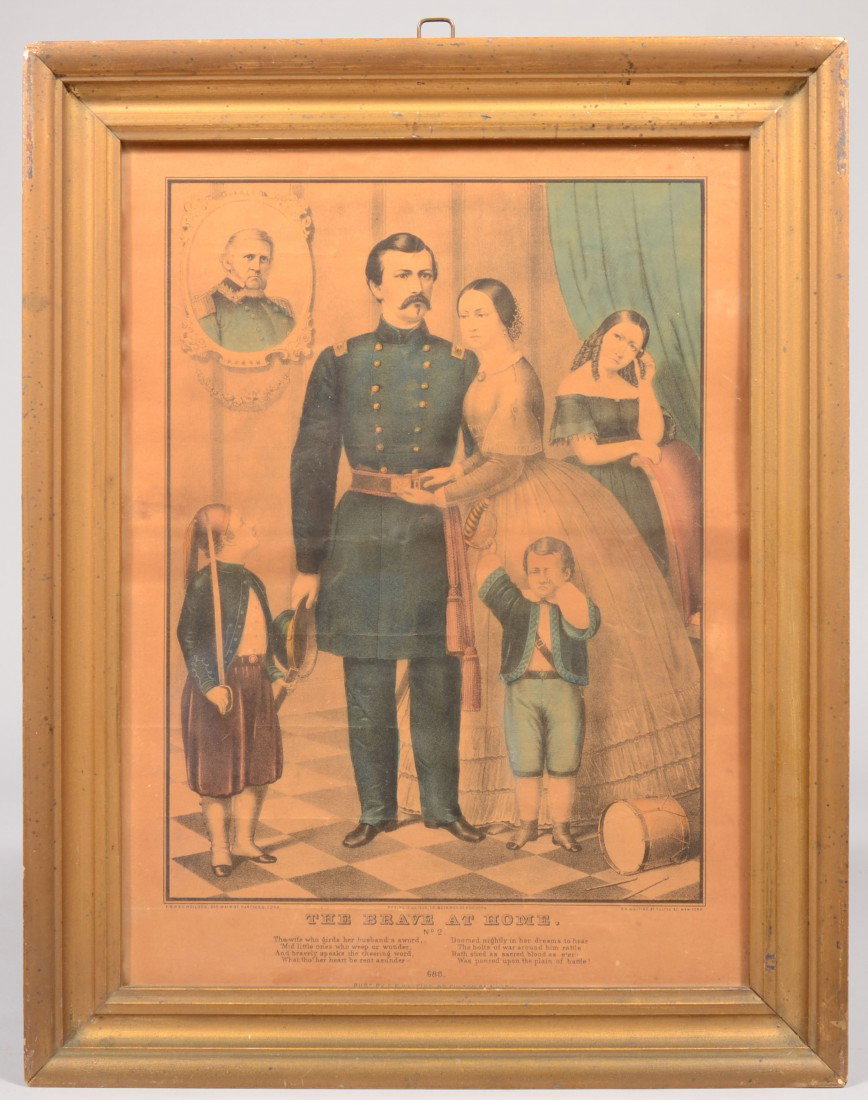 "The Brave at Home, #2" Water Colored Lithograph. P: The Brave at Home, #2 Water Colored Lithograph. Published by F.P. Whiting for E.B. Kellogg. Civil War era image shows a one star General, possibly McClellan, with family and a portrait of General Scot