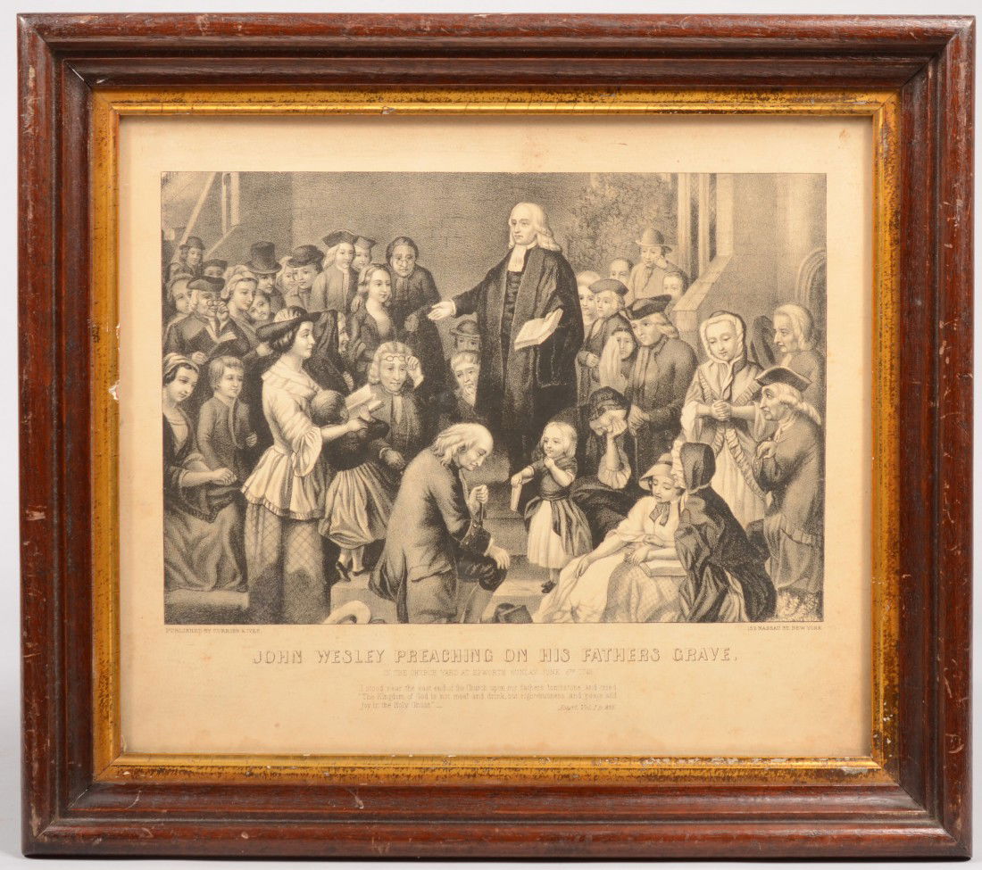 Currier & Ives Lithographic Print of "John Wesley P: Currier & Ives Lithographic Print of "John Wesley Preaching on His Fathers Grave." Scene at Epworth(Isle of Axholme, England) June 6th, 1742. Print mounted in a molded walnut frame with gilt fillet: 1