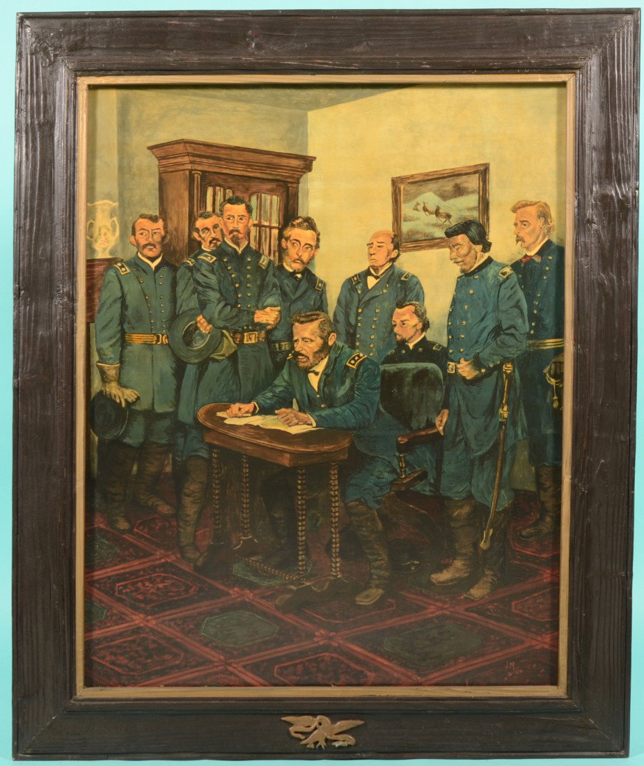 General Grant and Staff at Appomattox, Oil on Mason: General Grant and Staff at Appomattox, Oil on Masonite. Union half of a diptych of the signing of terms in the McLean parlor on April 19, 1865. Signed in lower right: "JM, 8-66." Twentieth century. Mo
