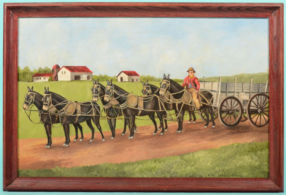 Farm Wagon and Team, Oil on Composition Board. Folk: Farm Wagon and Team, Oil on Composition Board. Folky rendition showing saddle man driver. Six mule team. Signed in lower right: Kitty O'Neil Guillo. Mounted in a coved red oak frame: 20 1/2"h. X 30 1/