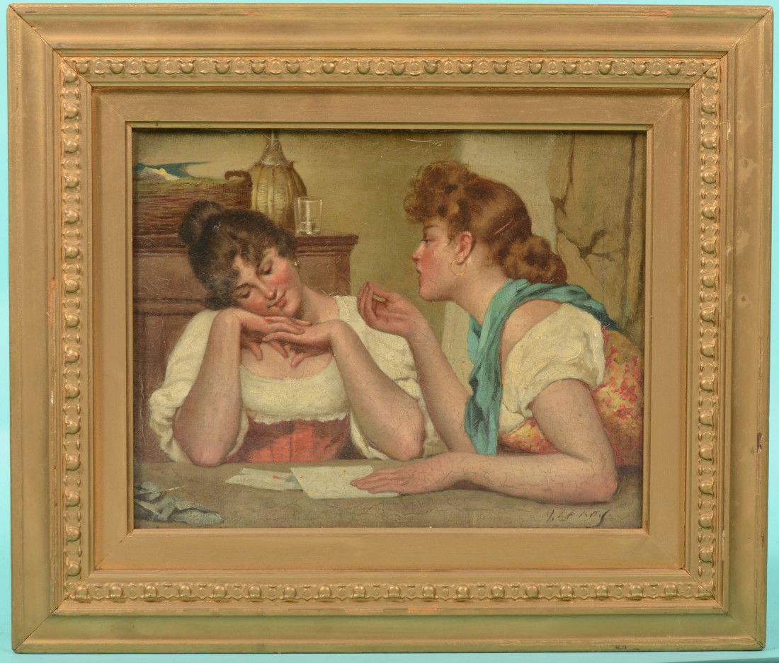 Two Young Women In Conversation, Oil on Canvas. Sig: Two Young Women In Conversation, Oil on Canvas. Signed in lower right corner: "M. LeRoy" in black. Painting mounted in a gold painted wood frame: 10 1/2"h. X 13 1/2"w. sight and 17"h. X 19 3/4"w. over