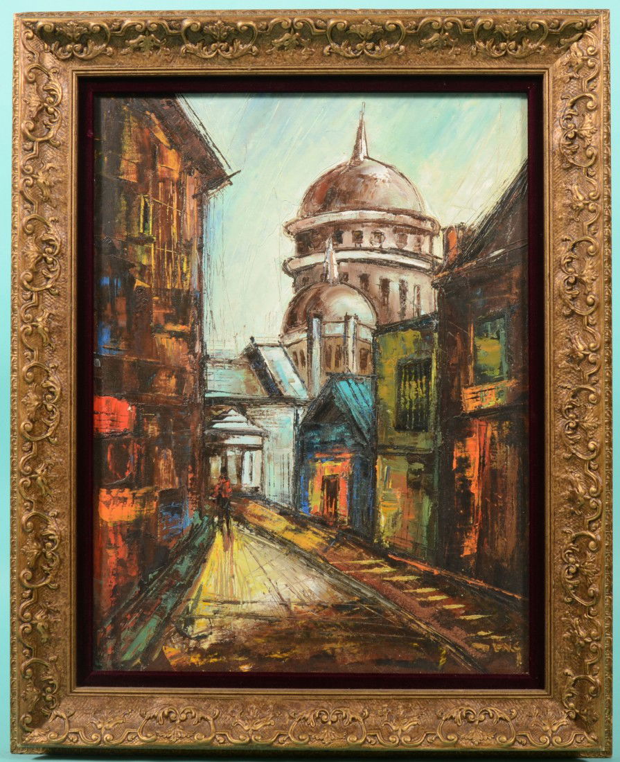 Paris Street Scene with Basilica Sacre Coeur, Oil o: Paris Street Scene with Basilica Sacre Coeur, Oil on composition board. Impressionist view with textured surface. Signed in lower right, indecipherable. Mounted in a plaster molded gold painted wood f