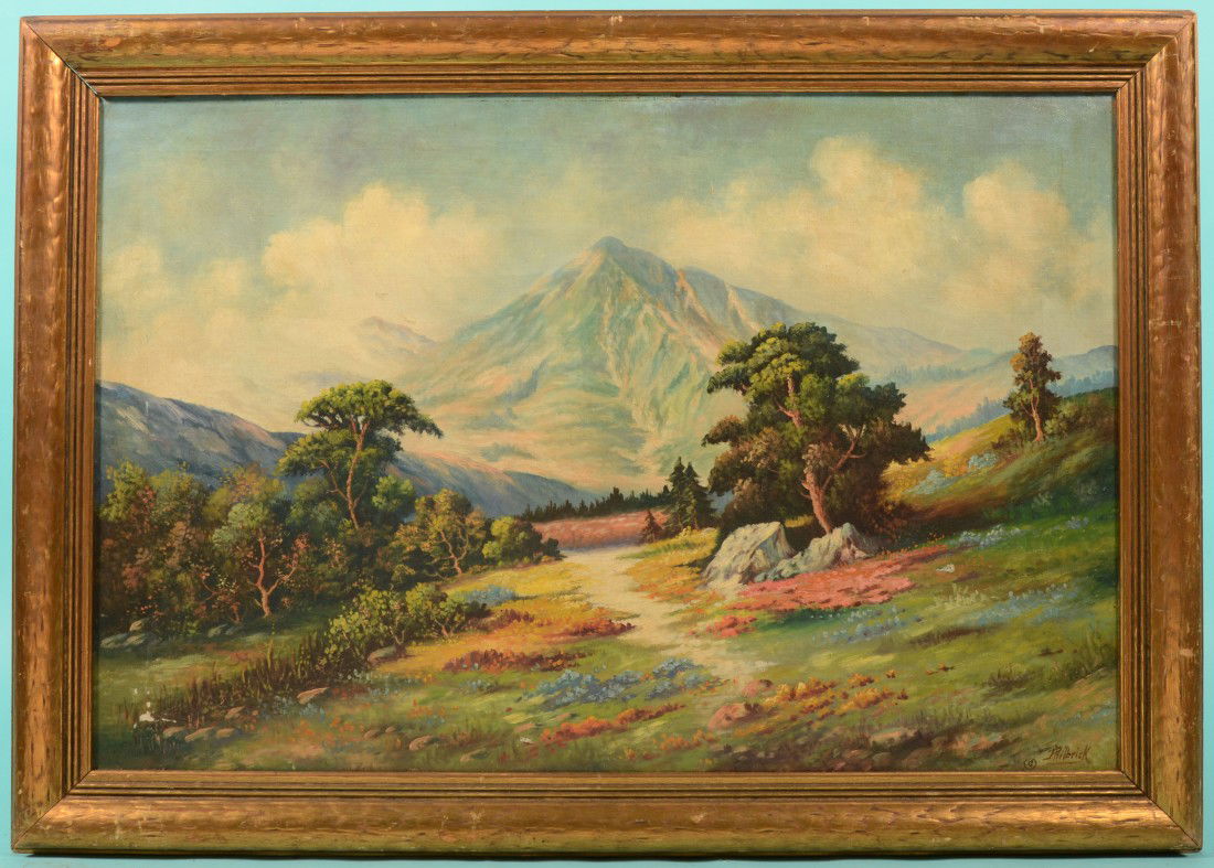 Mountain Landscape, Oil on Canvas. Signed in lower: Mountain Landscape, Oil on Canvas. Signed in lower right: "J. Philbrick." Attributed to Jane Philbrick, b. 1911, Maine. Possibly Sugar Loaf Mountain, Maine. Mounted in a gilt wood frame: 19 1/2"h. X 2