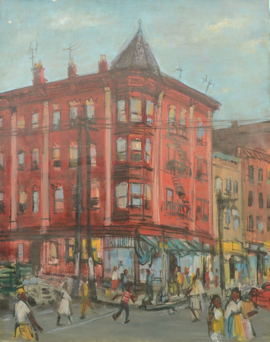 Tenement Building on a Corner, Oil on Canvas. Unsig: Tenement Building on a Corner, Oil on Canvas. Unsigned. Back of work on stretcher: "Ralph Leon, Central Ave., Newark, N.J., 1957." May be artist and location. Twentieth century image has no frame. 24"
