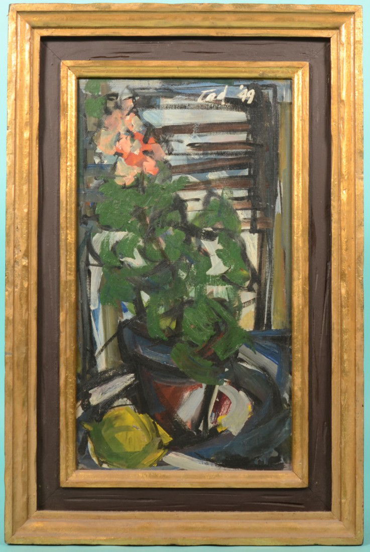 Abstract Still Life of Geranium, Oil on Canvas. Sig: Abstract Still Life of Geranium, Oil on Canvas. Signed: "Tad, '49." Mounted in a gold and brown carved wood frame. 20"h. X 11"w. sight and 27"h. X 18"w. overall.