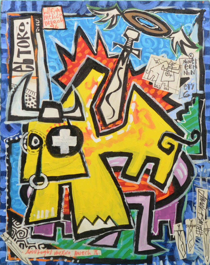 Abstract Composition of "El Toro", Acrylic on Canva: Abstract Composition of "El Toro", Acrylic on Canvas. Signed on masking tape in lower right: "Mark T. Smith." Also dated and copyrighted: March 1996. Very colorful. Unframed. 20"h. X 16"w. overall.