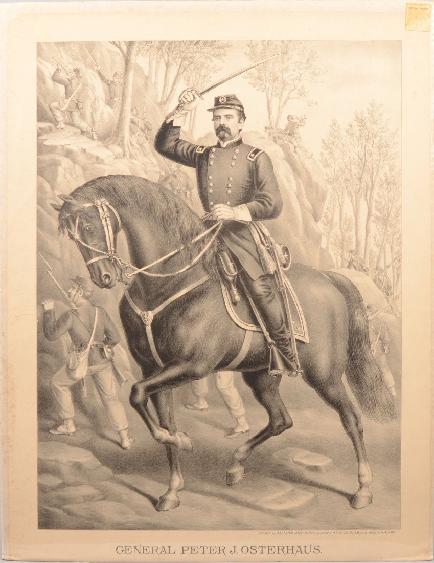 General Peter J. Osterhaus Black and White Lithogr: General Peter J. Osterhaus Black and White Lithographic Print. Large folio print of Osterhaus on horseback at Lookout Mountain, 1963. Published by Kurz and Alison, Chicago, Ill. Prussian, 1823 - 1917.
