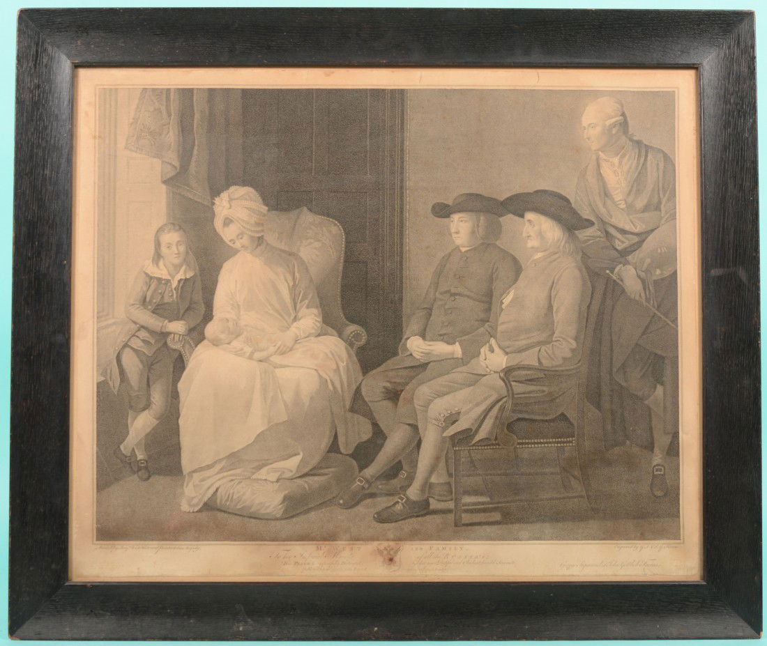 Mr. West and Family Original Stipple Engraved Prin: Mr. West and Family Original Stipple Engraved Print by George Sigmund and John Gottlieb Facius. Image of three generations of the West family with Benjamin West at far right. Original work by West (17