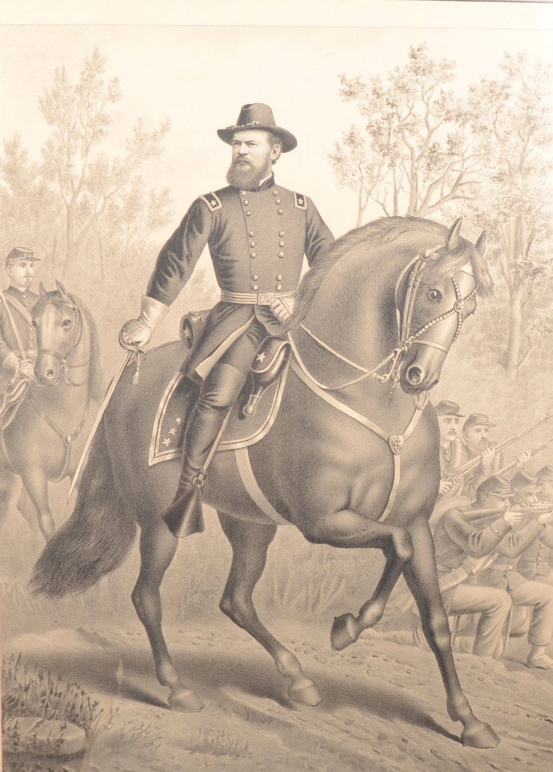 General James B. McPherson Large Folio Black and W: General James B. McPherson Large Folio Black and White Print. Image shows McPherson mounted on horseback and directing soldiers in battle. Published by Kurz and Allison, Chicago, Ill. Mounted in a shr