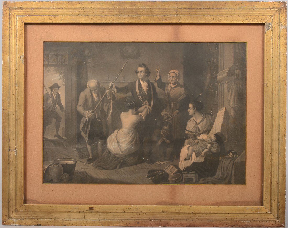 The Call To War Black and White Lithograph. True t: The Call To War Black and White Lithograph. True title unknown as margins are blocked by matte cropping to image only. Image of Revolutionary War era citizen putting on the mantel of battle with famil