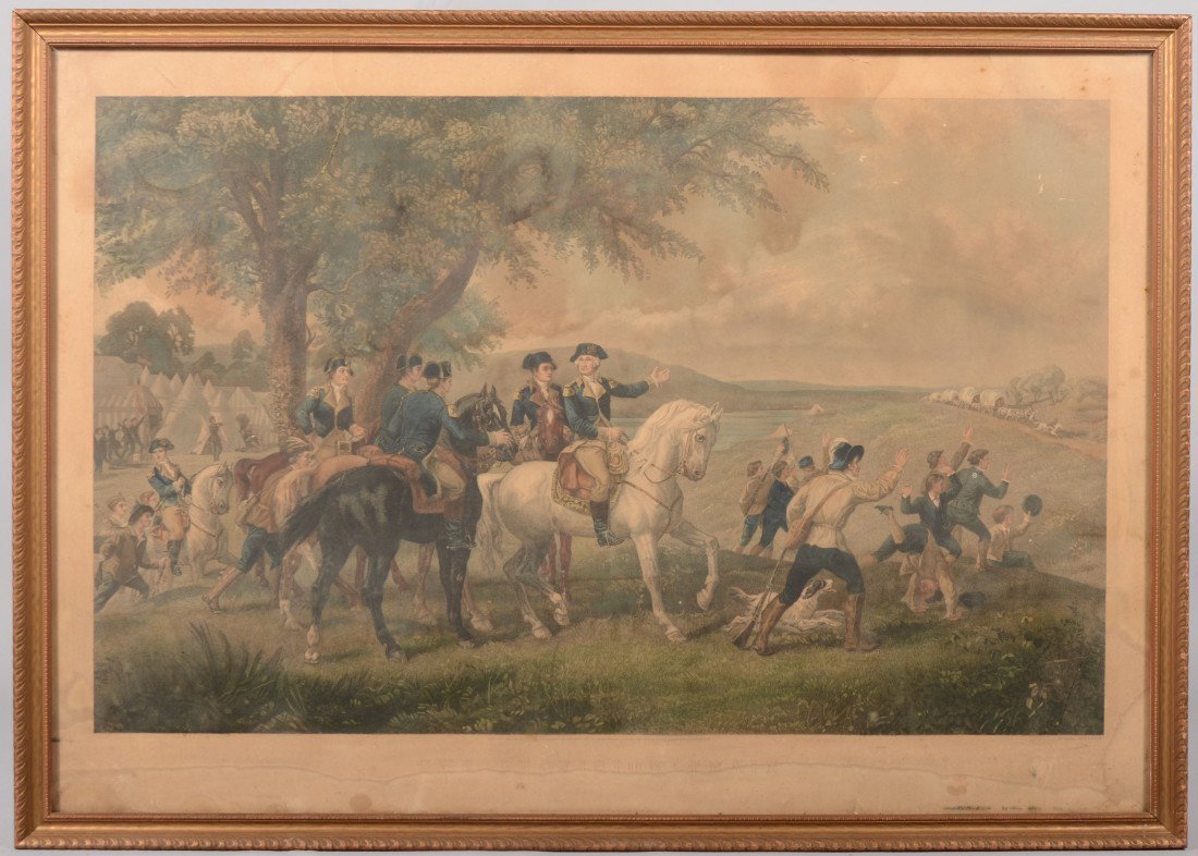 "The Provision Train" Water Colored Lithographic P: The Provision Train Water Colored Lithographic Print. Image of General Washington and staff on horseback viewing the advancing wagons with encampment in background. From an original painting by Imogen