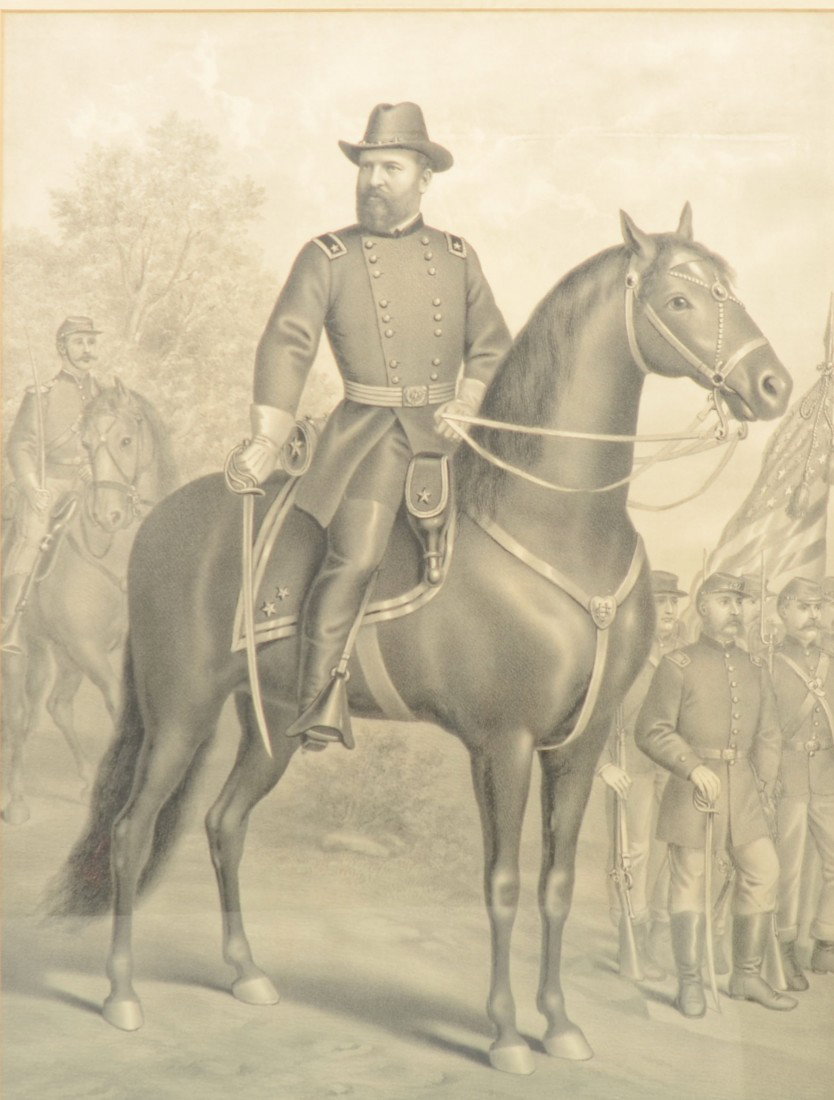 "General James A. Garfield" Black and White Large: General James A. Garfield Black and White Large Folio Lithographic Print. Image shows two star General on horseback among troops. Published by Kurz and Allison, Chicago, Ill. Mounted in a narrow black