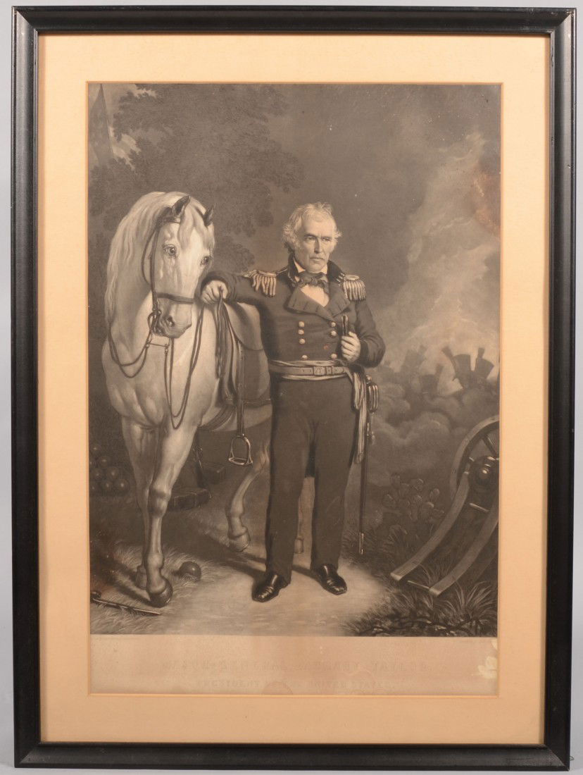 "Major-General Zachary Taylor, President of United: Major-General Zachary Taylor, President of United States Titled Mezzotint Print. Image of an older Taylor as President but in the vestments of the Army officer he was. Engraving by John Sartain. Black