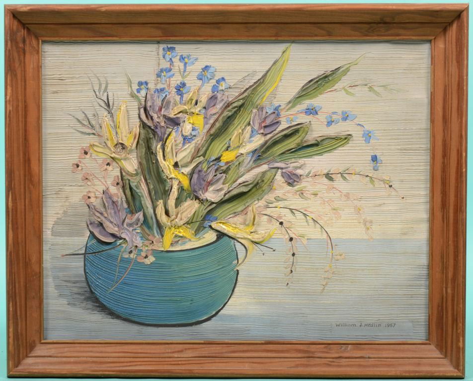 Still Life Vase of Flowers, Heavy Oil on Canvas. S: Still Life Vase of Flowers, Heavy Oil on Canvas. Signed in lower right: "William J. Medlin, 1957." Background of wall and tabletop with shadow of raked oil paint. Also the spherical vase with sculpted