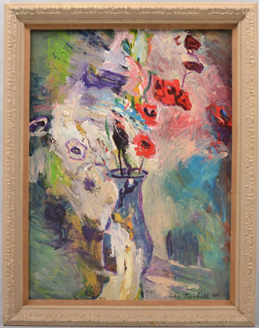 Abstract Still Life of Flowers in a Vase, Oil on C: Abstract Still Life of Flowers in a Vase, Oil on Canvas. Signed at bottom right : "John Trumbull." Mounted in a plaster molded beige painted wood frame. 23 1/2"h. X 17 1/2" sight 27 1/4"h. X 21 1/2"w.