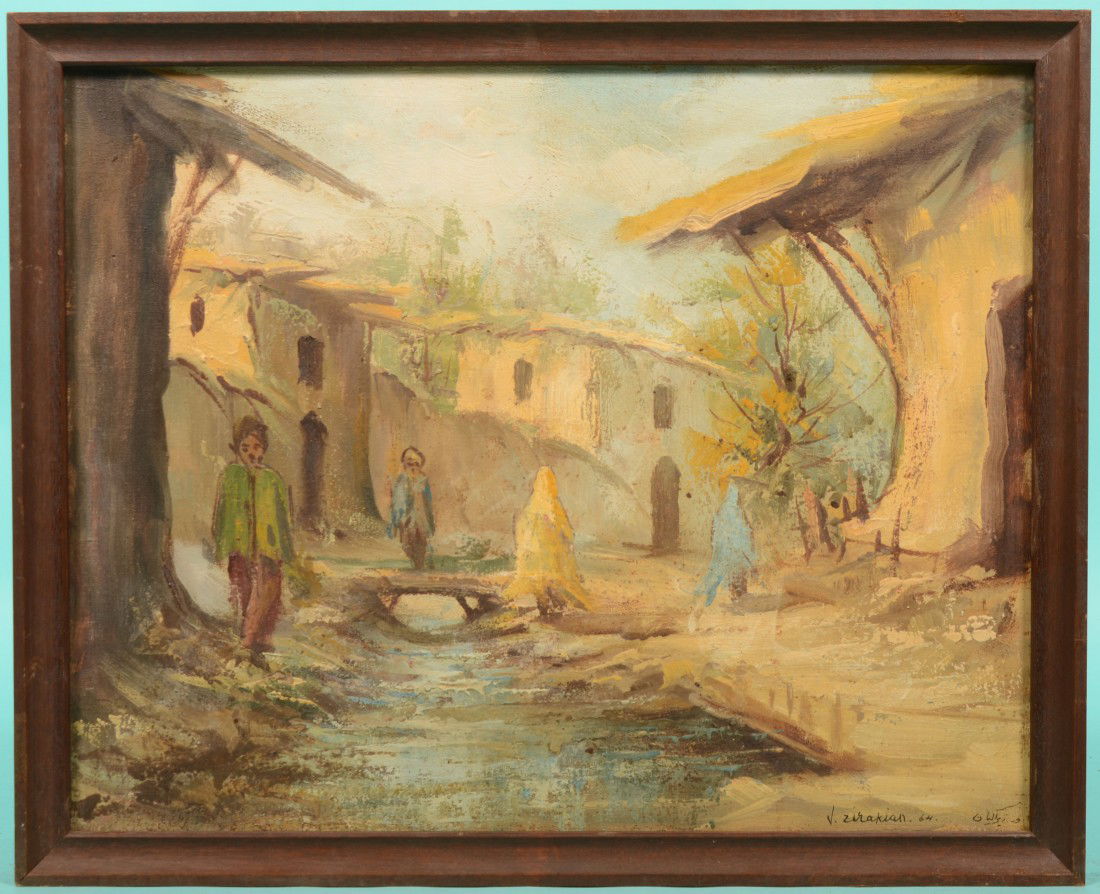 View of Primitive Village with Stream, Oil on Canv: View of Primitive Village with Stream, Oil on Canvas. Signed in lower right: "V. Zirakian." Mounted in a brown stained cavetto molded wood frame. 15"h. X 19"w. sight and 17"h. X 21"w. overall.
