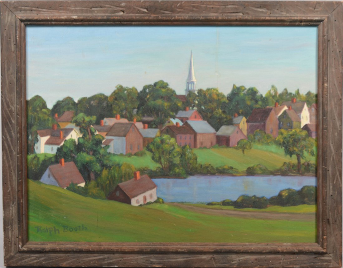 "Turner Village, Maine", Oil on Canvas. Signed in: Turner Village, Maine, Oil on Canvas. Signed in lower left: "Ralph Booth." Label on back states that this was painted in 1966 by Ralph who is from Ogunquit, Maine. Mounted in a carved wood frame: 17 1