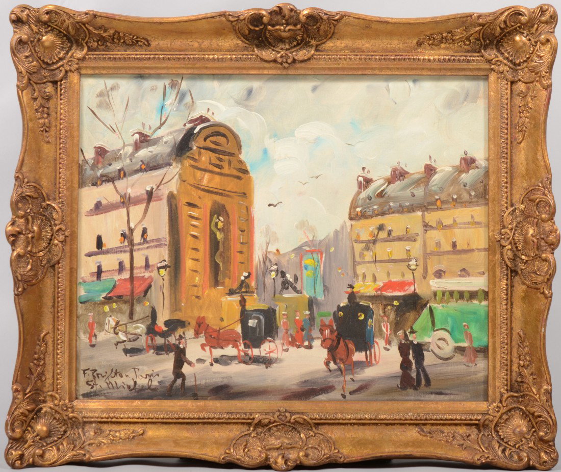 Saint Michael's Fountain, Paris, Oil on canvas Boa: Saint Michael's Fountain, Paris, Oil on canvas Board. Signed in lower left: "F. Brighton, Paris." Mounted in a plaster molded and carved gilt wood frame. 15 1/2"h. X 19 1/2"w. sight and 21 1/2"h. X 25