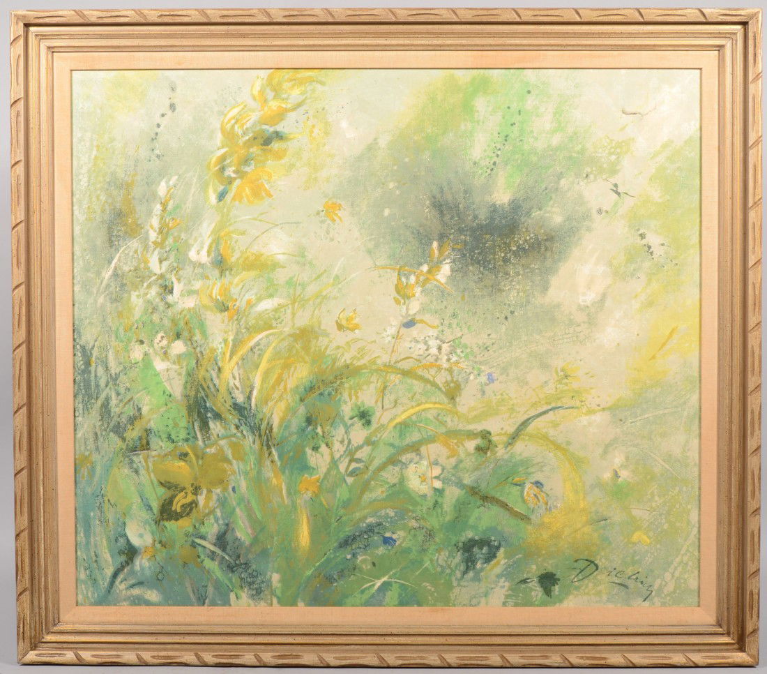 Flowers in Nature, Acrylic on Canvas. Signed in lo: Flowers in Nature, Acrylic on Canvas. Signed in lower right: "Dietrich." Dietrich Hermann Grunewald, Swedish, b. 1916, d. 2003, California. Screen printer, fabric designer, M.M.A. and A.I.C. exhibitor