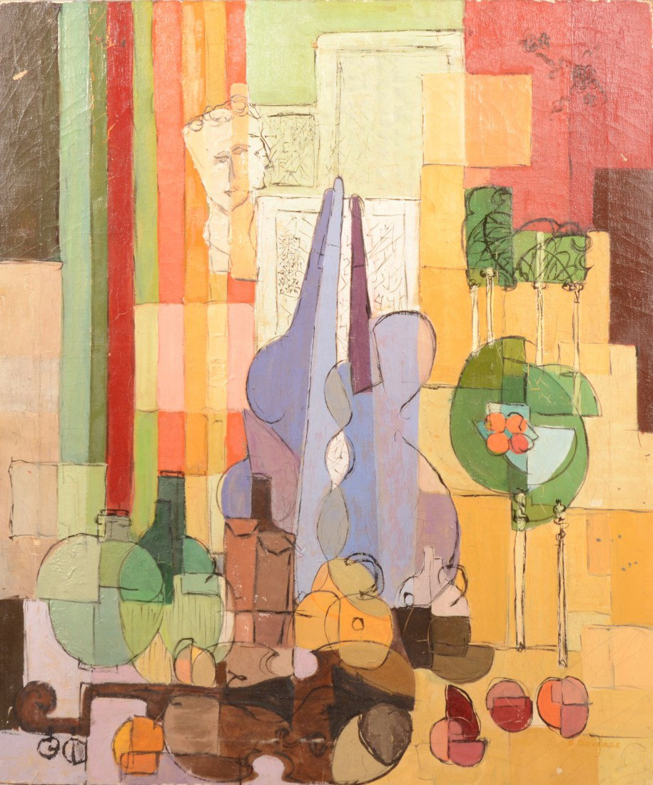 Abstract Cubist Style Oil on Canvas. Signed: "S. D: Abstract Cubist Style Oil on Canvas. Signed: "S. Douglass" in lower right corner. Image shows musical instruments, a bust, fruit and bottles. Unframed. 28"h. X 23 1/2"w.
