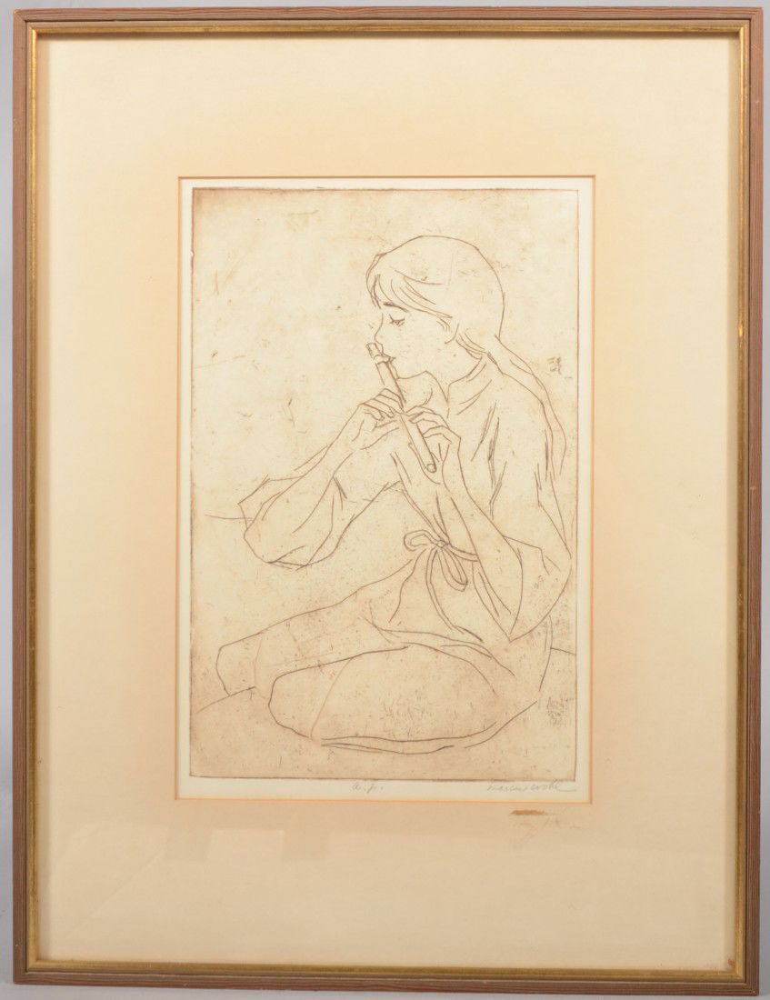 Etching of Girl Playing a Fife. Marked: A/P (artis: Etching of Girl Playing a Fife. Marked: A/P (artists' proof) and signed: "Marlin Wohl" on lower right margin. Mounted with a wide matte in a narrow painted wood frame. Image area: 12 1/4"h. X 8 1/4"w.