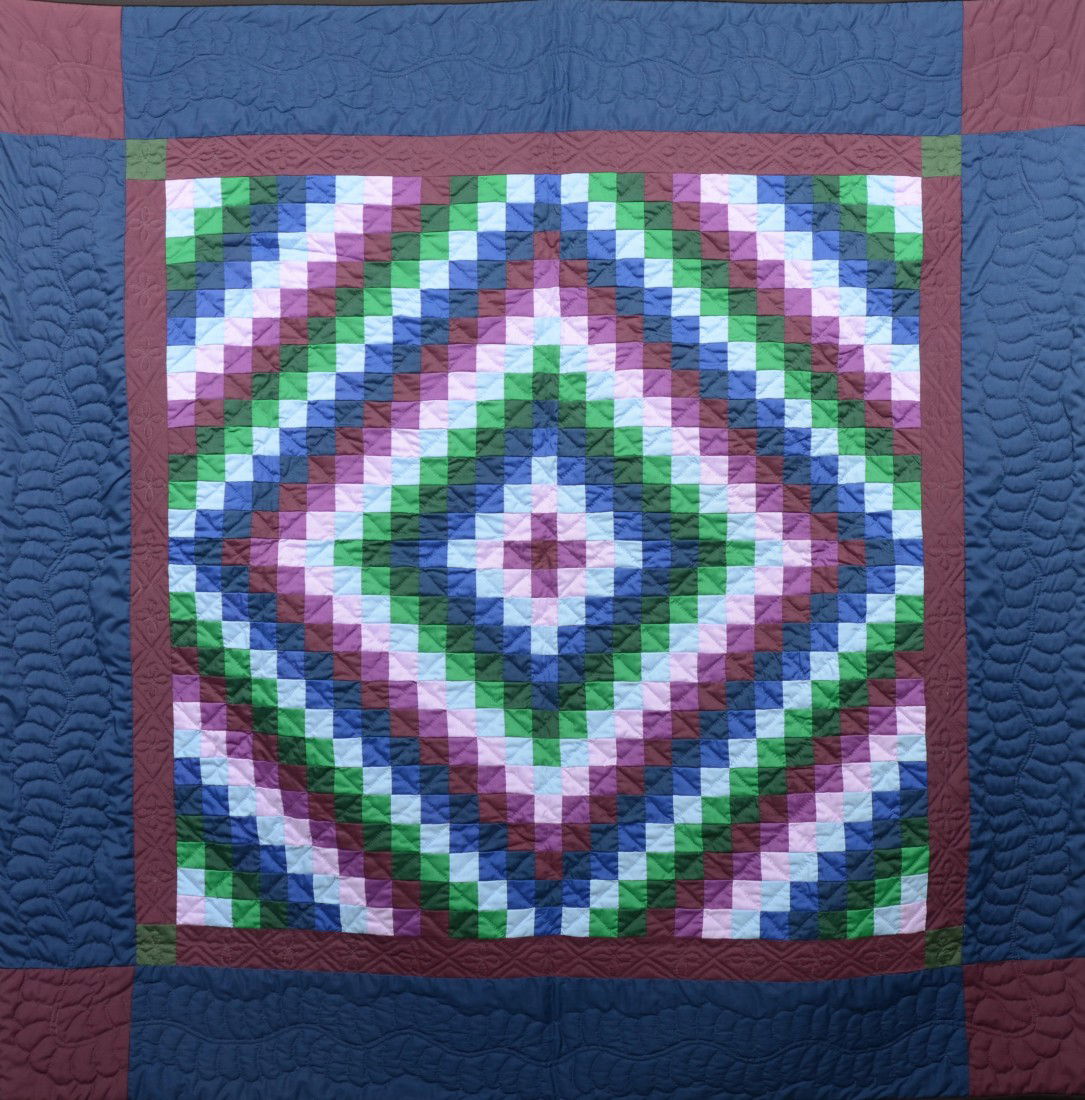 Youth Size Sunshine and Shadow Pattern Amish Quilt: Youth Size Sunshine and Shadow Pattern Amish Quilt. Four corner blocks with feather stitching on border blocks. Black edge border and back. 60" X 60".