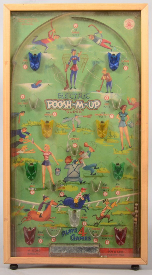 Electric "Push-M-Up" Pin Ball Game. Lithographic p: Electric "Push-M-Up" Pin Ball Game. Lithographic playing board shows several sports themes including: Ice Hockey, Horse Racing, Baseball and the ever popular iced drinks girls. Wood framed, glass topp