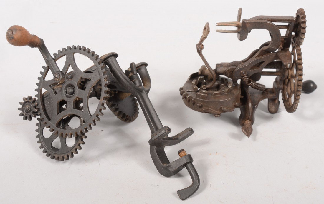 Two Mechanical Cast Iron Apple Peelers. Both have: Two Mechanical Cast Iron Apple Peelers. Both have deck edge clamps. One marked: "Scott Mnfg. Co., Baltimore", 9"w. The other only marked: "Patd. Oct. 1880",