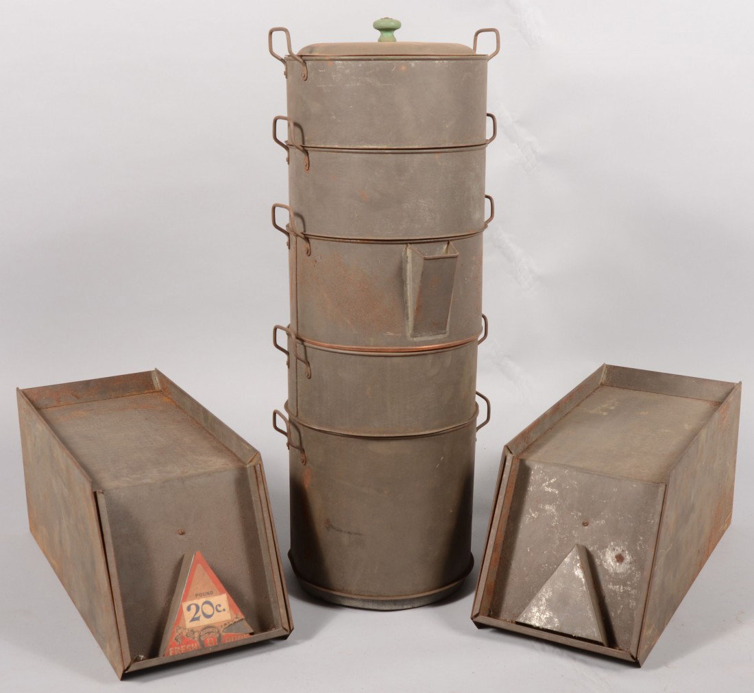 Three Tinned Sheet Steel Containers. Two counter t: Three Tinned Sheet Steel Containers. Two counter top display bins with a label for loose Brach's Candies, 8"h. X 7 1/2"w. X 18 "d. Along with a "Superior Steam Cooker" made by "Fagley & Halpern, Phila