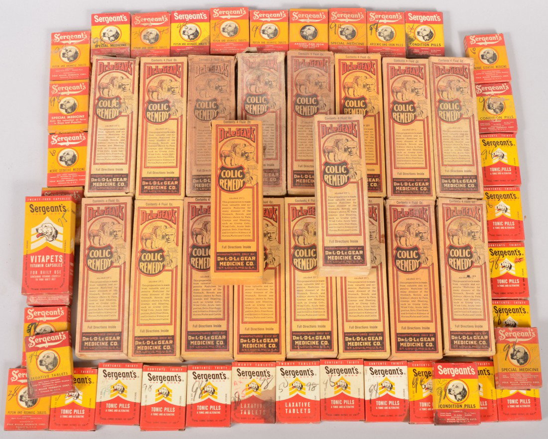 NOS Animal Medicines In Original Cartons. Eighteen: NOS Animal Medicines In Original Cartons. Eighteen bottles of "Dr. LeGears Colic Remedy" for horses, mules and cattle. Box: 7 3/4"h. X 2 3/8"w. Along with thirty six boxes of pills for Dogs including: