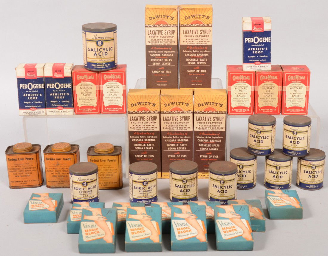 Thirty seven Packages of OTC Preparations. Includi: Thirty seven Packages of OTC Preparations. Including: Burduco Liver Powder, 3 cans; Boric Acid, 2 cans; Salicylic Acid, 8 cans; PedOgene for relief of Athlete's Foot, 3 boxed bottles; Gold Metal Musta