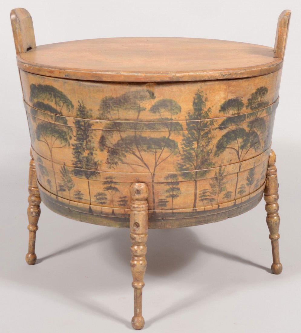 Kathy Graybill Wash Tub Coffee Table. Metal banded: Kathy Graybill Wash Tub Coffee Table. Metal banded, staved wooden tub with handles. Four turned wood legs, and a shaped circular cover added and the whole painted in a folk art style. 23 3/4"h. to cov