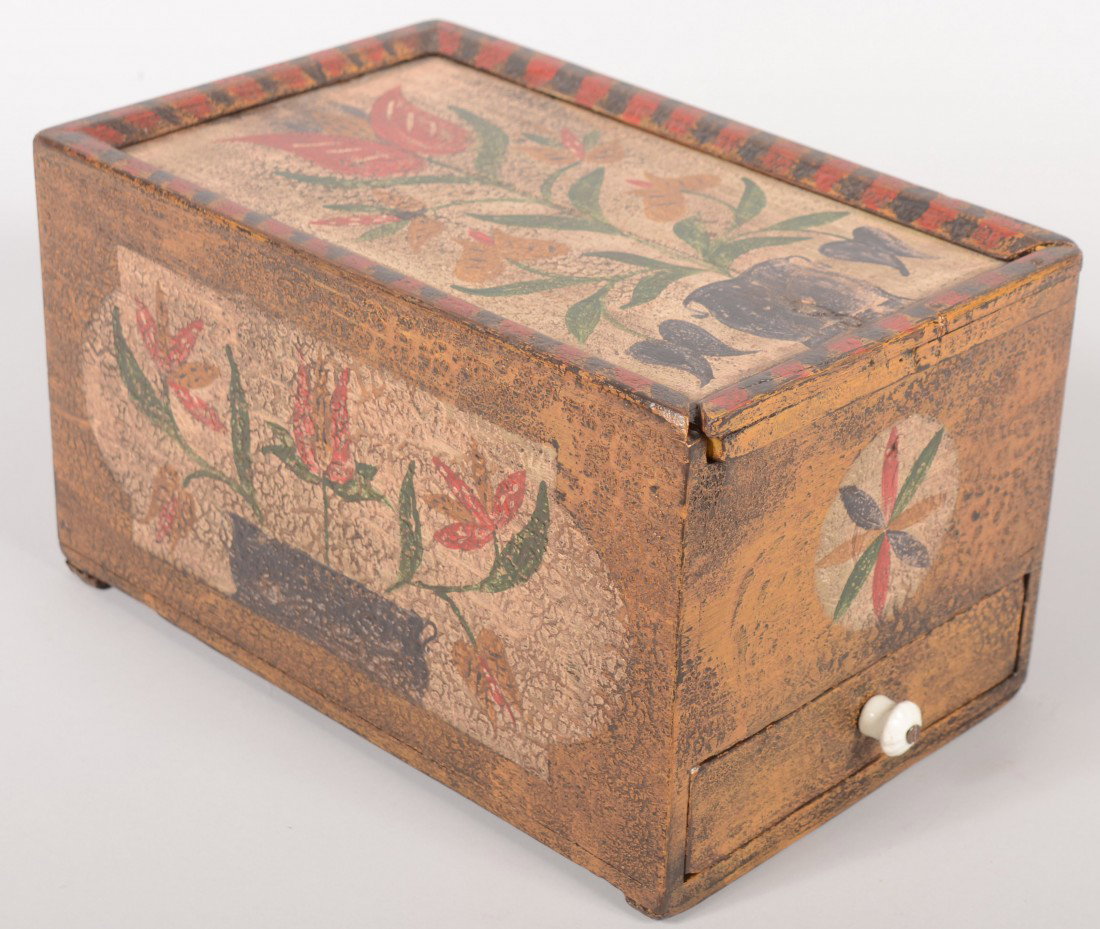 Kathy Graybill Folk Painted Slide Lid Candle Box.: Kathy Graybill Folk Painted Slide Lid Candle Box. Tulips and compass stars over old paint. 6 3/4"h. X 12 1/2"l. X 7 3/4"w.