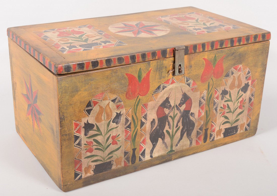 Kathy Graybill Folk Decorated Chest. Decoration on: Kathy Graybill Folk Decorated Chest. Decoration on tombstone tablet form much like a blanket chest including: Two black unicorn, compass stars, tulips and other floral forms. Box has butt hinges and a
