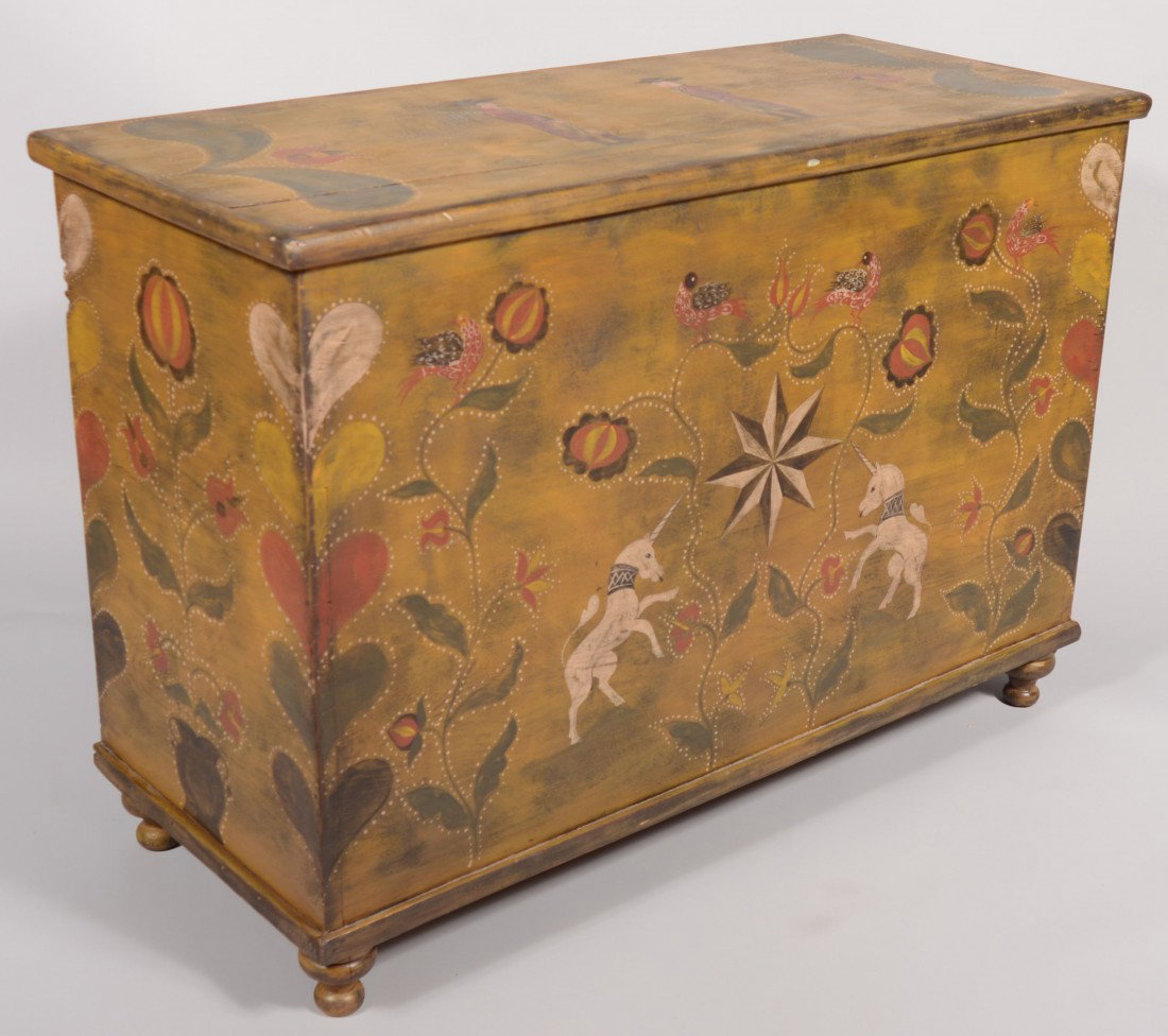 Kathy Graybill Paint Decorated Chest. A rather tal: Kathy Graybill Paint Decorated Chest. A rather tall chest with butt hinged lid and turned feet. Painted as an early style blanket chest the decoration includes: two colonial dressed men on the butt hi
