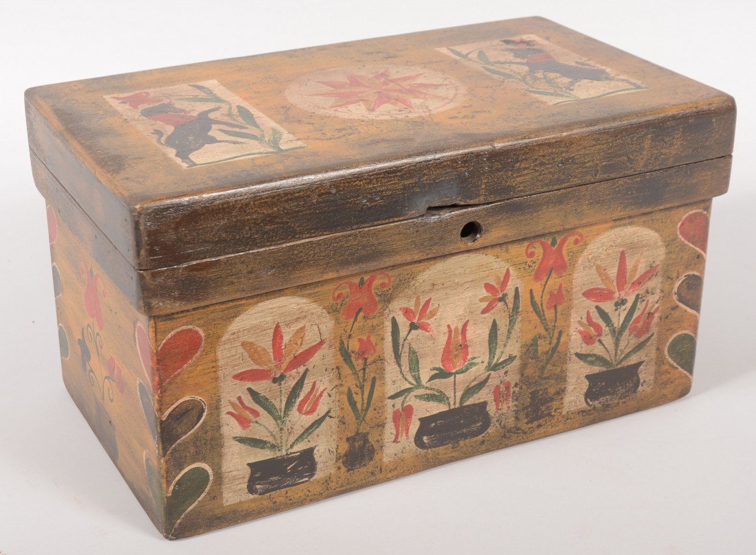 Kathy Graybill Folk Decorated Tool Chest. Amber gr: Kathy Graybill Folk Decorated Tool Chest. Amber ground with painted decoration including: potted tulips, two black unicorn, compass star and hearts on corners. Sliding interior tray. 9"h. X 16 1/2"w. 