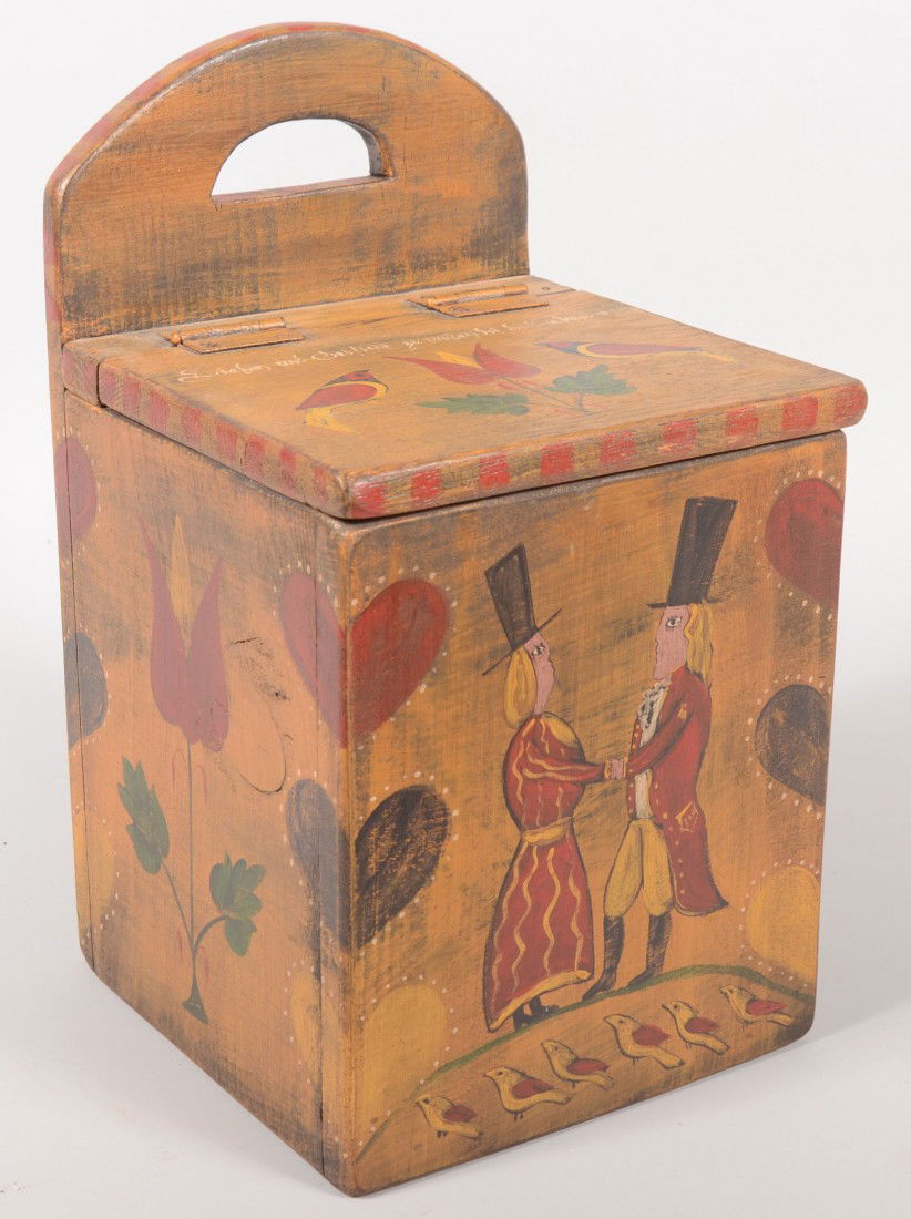 Kathy Graybill Folk Painted Lidded Wall Box. Fabri: Kathy Graybill Folk Painted Lidded Wall Box. Fabricated, decorated and signed by the artist. Square box with protruding and pierced backboard and lid with surface mounted butt hinges. Box painted ambe