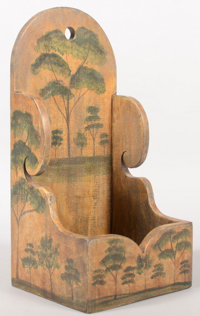 Kathy Graybill Folk Painted Wall Pocket. Dome top: Kathy Graybill Folk Painted Wall Pocket. Dome top backboard, scrolled sides and shaped front. Painted with Rufus Porter style trees. Signed on back. 16"h. X 7 3/4"w. X 6 3/4"d.