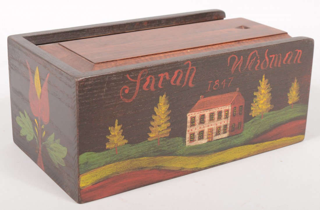 Folk Painted Oak Slide Lid Candle Box. Signed on b: Folk Painted Oak Slide Lid Candle Box. Signed on bottom: "Kathy Graybill." Box painted red/brown with a house on both sides and titled: "Sarah Weidman, 1847." Ends of box has red tulips. Raised panel 