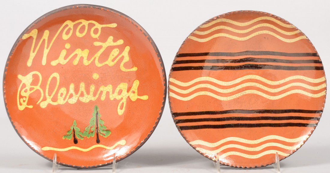 Two Turtle Creek Round Redware Dishes. Both with c: Two Turtle Creek Round Redware Dishes. Both with coggle rims and slip decoration. One marked: "Winter Blessings" with two green pine trees. The other with white and manganese parallel lines. 10" and 9