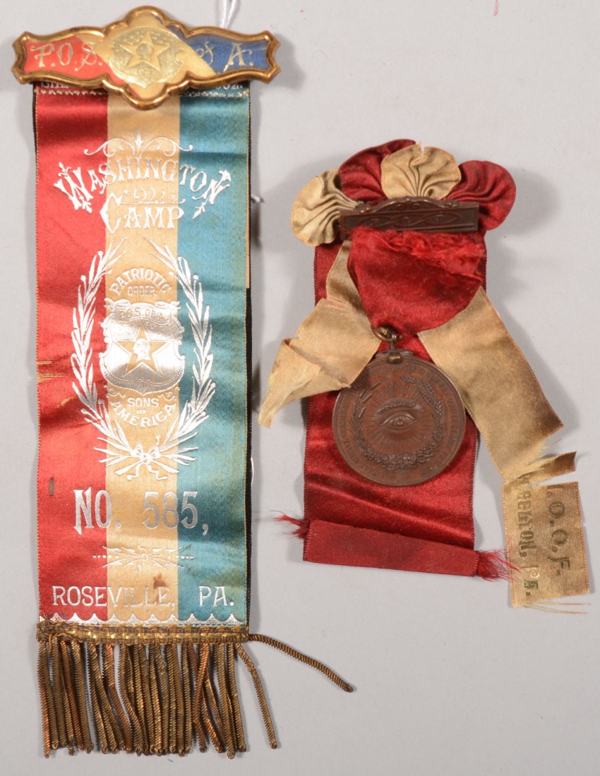 Patriotic Order Sons of America reversible dress ri: Patriotic Order Sons of America reversible dress ribbon, Washington Camp, Roseville, PA with black reverse plus an 1895 medal with tattered ribbon commemorating the dedication of the Odd Fellows Templ