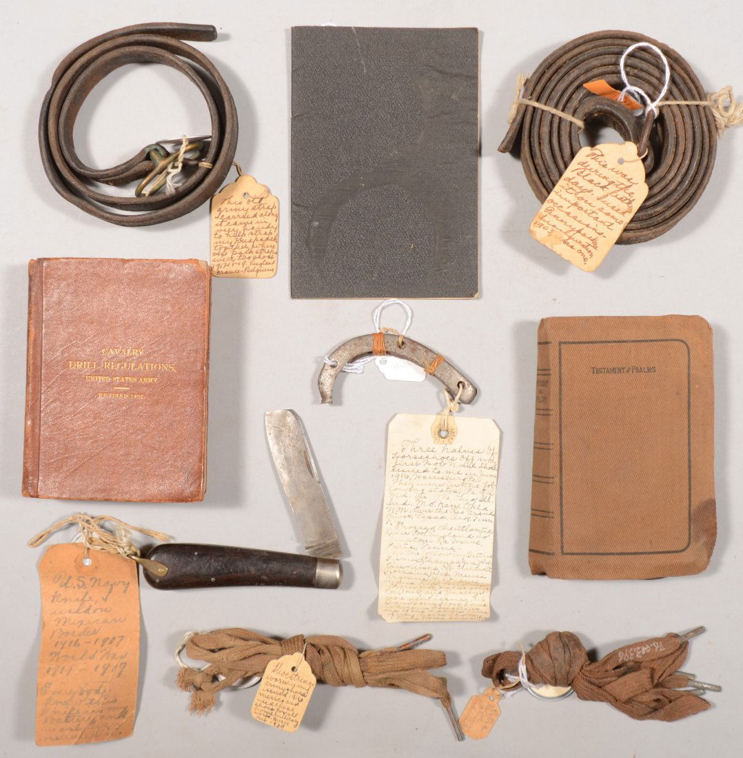 Lot of (9) items carried by Nevin Moyer 1916 to 19: Lot of (9) items carried by Nevin Moyer 1916 to 1919 incl. "U.S. Army Cavalry Drill Regulations" 1902 revision, a U.S. Navy knife, a pocket bible, a leather strap, horseshoes off his hobnail boots, sh