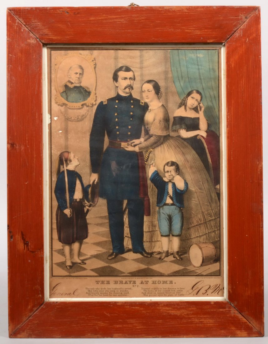 Framed hand colored lithograph entitled "The Brave: Framed hand colored lithograph entitled "The Brave at Home" by Kellogg, Phelps & Watson and Whiting featuring Gen. George B. McClellan standing in uniform with his family around him. 9" X 12" in a fra