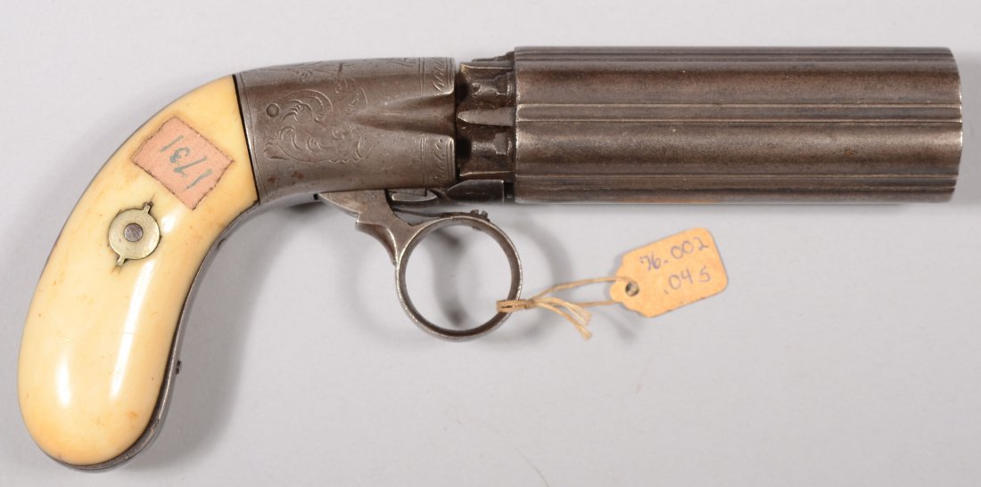 Blunt and Syms underhammer ring trigger pepperbox : Blunt and Syms underhammer ring trigger pepperbox pistol having bag shaped ivory grips, concealed hammer, 31 caliber 4" barrel with fluted ribs, and floral engraving on the frame. Smooth dark gray pat