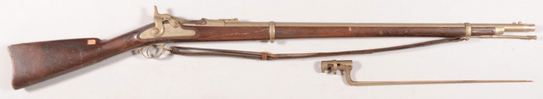 Nickel plated US Model 1868 Springfield musket da: Nickel plated US Model 1868 Springfield musket dated 1863 having a 50 caliber 32-1/2" barrel sn 13786, matching, with a short arch breechblock dated 1869 plus a ramrod, sling, and nickeled bayonet wit