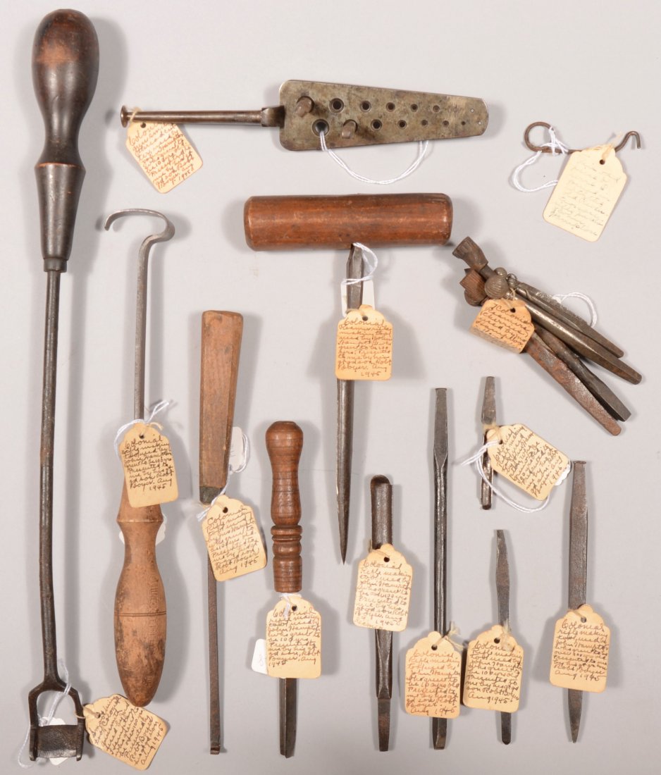 Lot of "Colonial Rifle making" tools with old tags: Lot of "Colonial Rifle making" tools with old tags stating they were used by John Hampton. Included are gouges, scrapers, files, taps, a threading bar, and cherries.