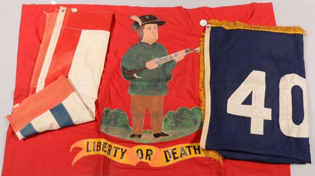 Lot of (3) flags: one "40th US Infantry" 4-1/2 ft.: Lot of (3) flags: one "40th US Infantry" 4-1/2 ft. x 5-1/2 ft. having a button pinned to it reading "National Defense Test Sept. 12, 1924"; another flag, 32 in. x 50 in., has 4 vetical blue bars on a 