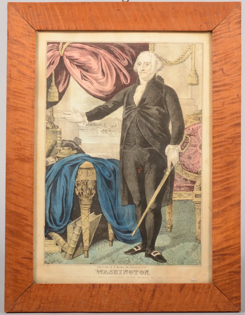 Washington. Watercolor lithograph by J. Baillie, N.Y: Washington. Watercolor lithograph by J. Baillie, N.Y. Showing the ex-president in a classic Romanesque pose. Mounted in a curly maple veneered frame with mitred and splined corner joints. 13 1/2"h. X 