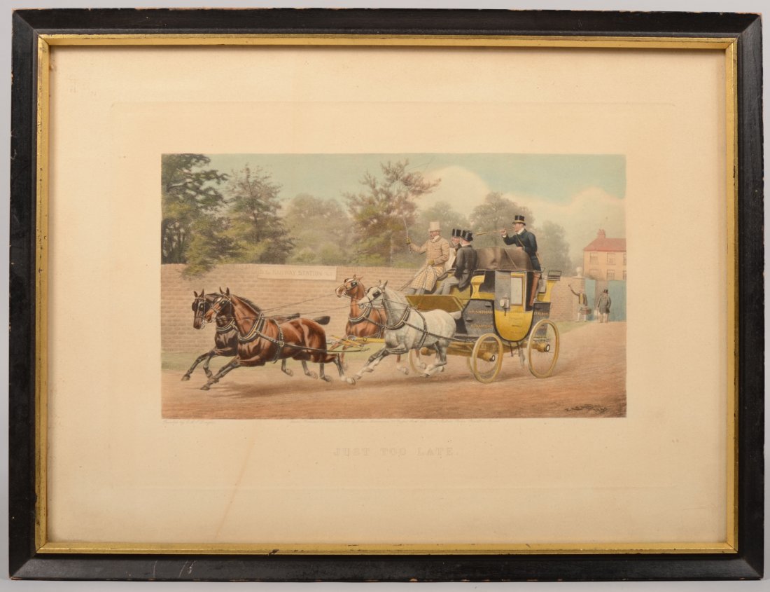 "Just To Late" English Watercolor Coach Lithograph. : "Just To Late" English Watercolor Coach Lithograph. From original painting by E.A.S. Douglas, 1895. Published by Ackermann and Stiefbold, Nov. 1895, Munich. Mounted in a narrow black wood frame. Print