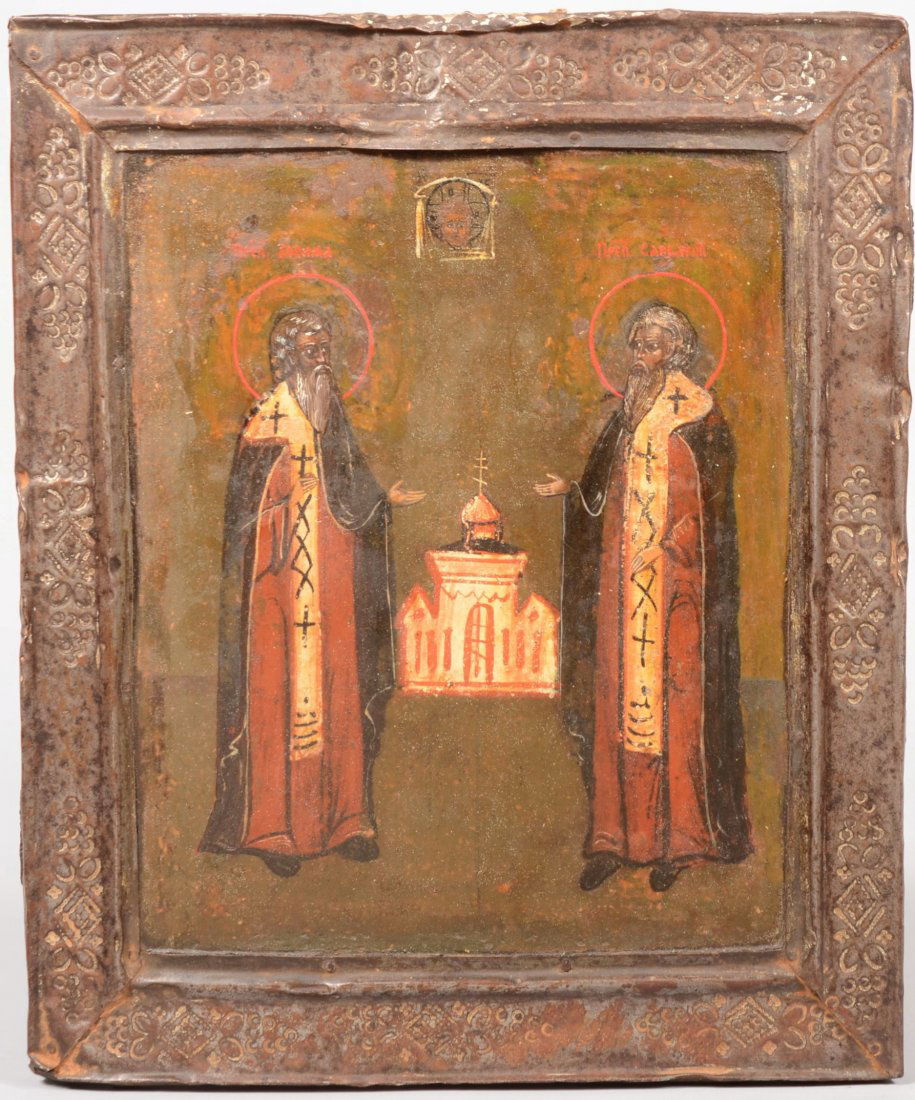 Iconic Painting of Two Saints. Russian, pre 1880, t: Iconic Painting of Two Saints. Russian, pre 1880, tempera on board. Description verso states: Saints Zosima and Sabbatius recognized as the founders of the cloister on the Solovki Islands in the White